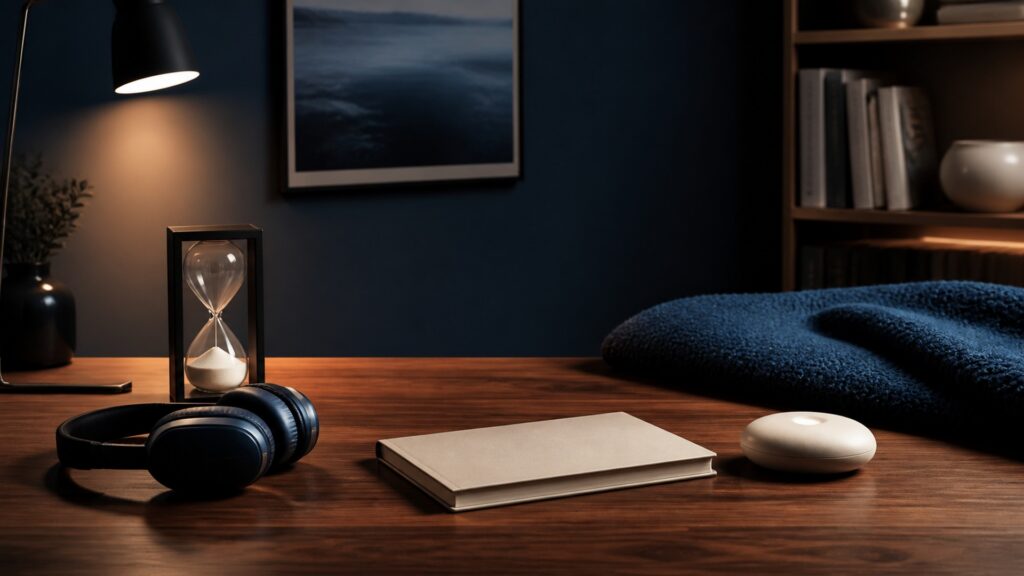 People-free editorial still life illustrating task structure contrasted with timed illumination