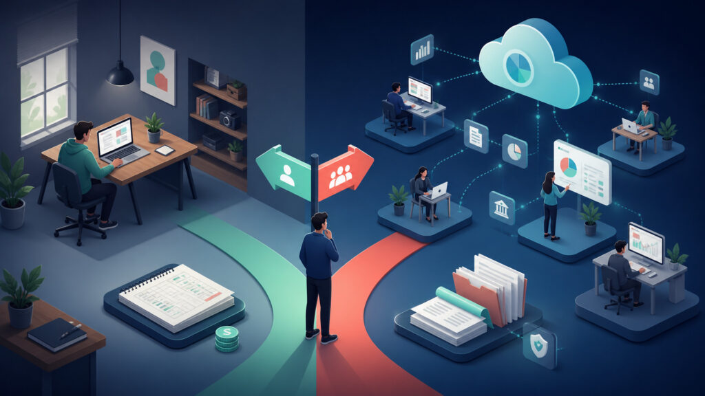 Editorial business scene illustrating freelancer accounting software and cloud accounting software