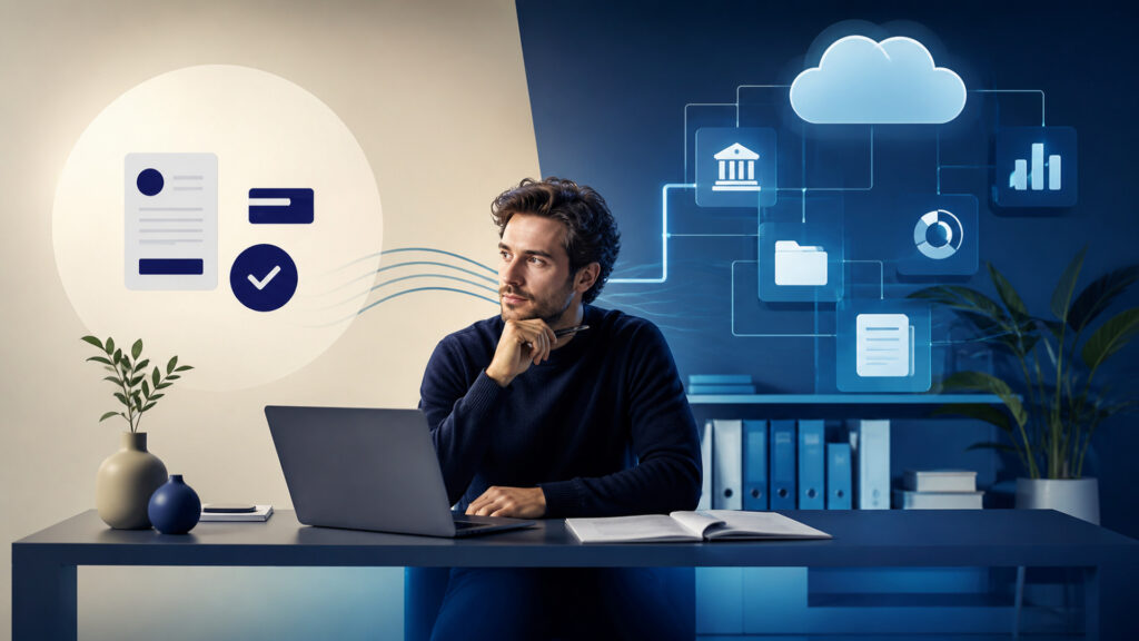 Editorial business scene illustrating freelancer invoicing software and cloud accounting software