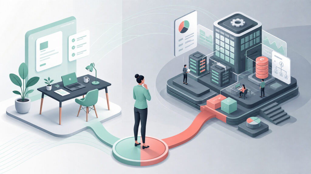 Editorial business scene illustrating freelancer invoicing software and enterprise accounting software