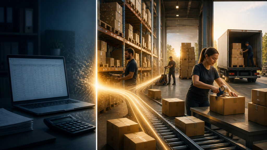 Editorial business scene illustrating fulfillment services and bookkeeping software