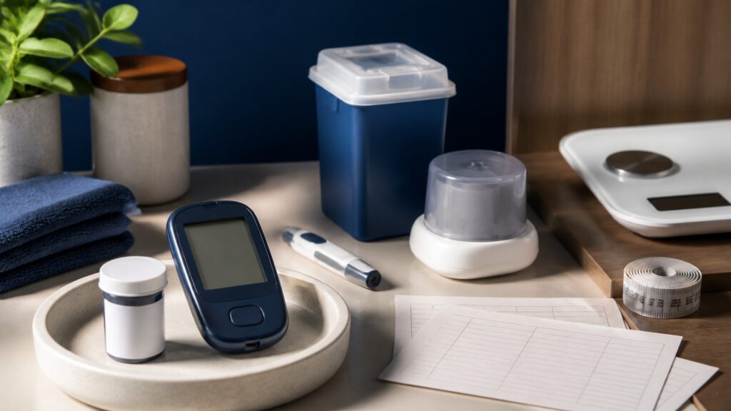 People-free editorial still life illustrating glucose-specific biochemical data versus general physical metrics