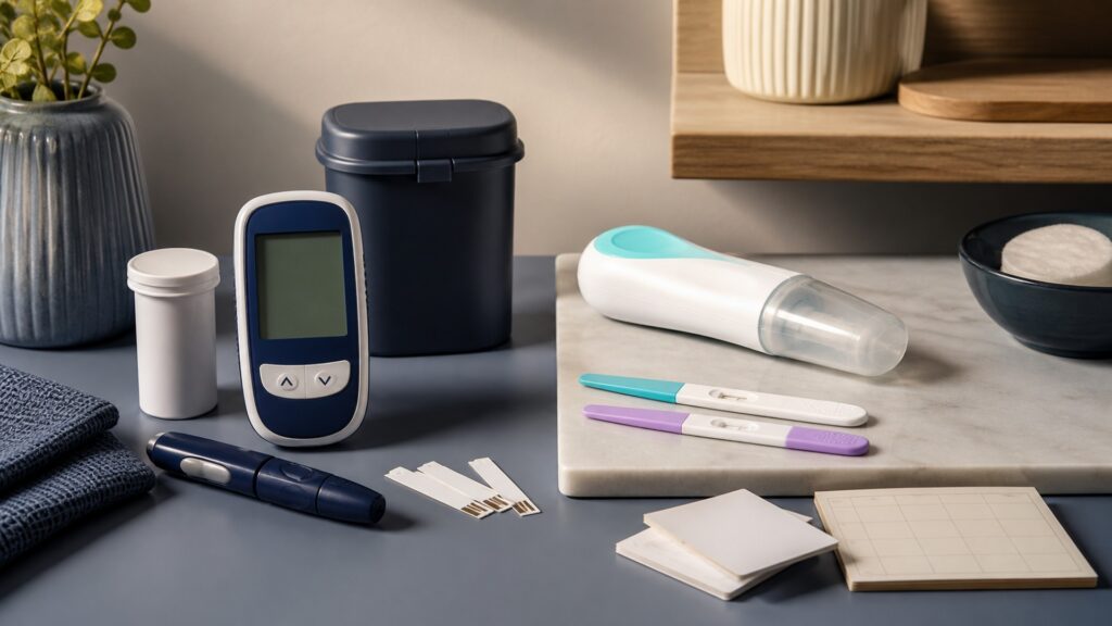People-free editorial still life illustrating glycemic monitoring versus cycle-marker testing
