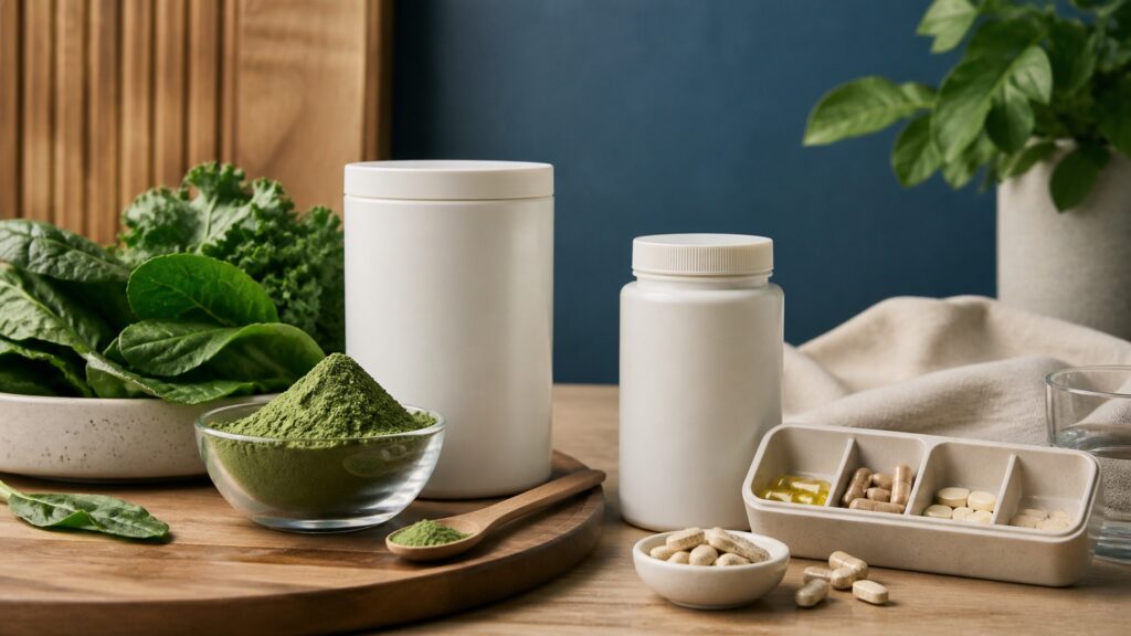 People-free editorial still life illustrating greens powders instead of multivitamins