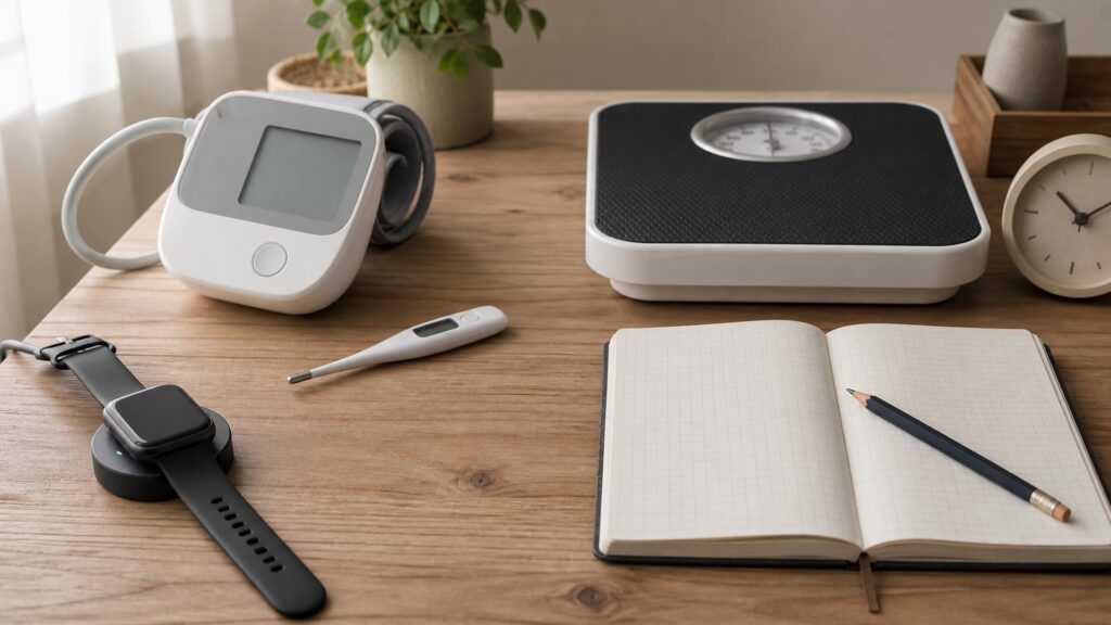 Unbranded health monitoring devices arranged beside a blank grid notebook and pencil for manual tracking
