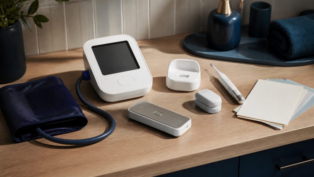 People-free editorial still life illustrating cardiovascular signal versus reproductive marker