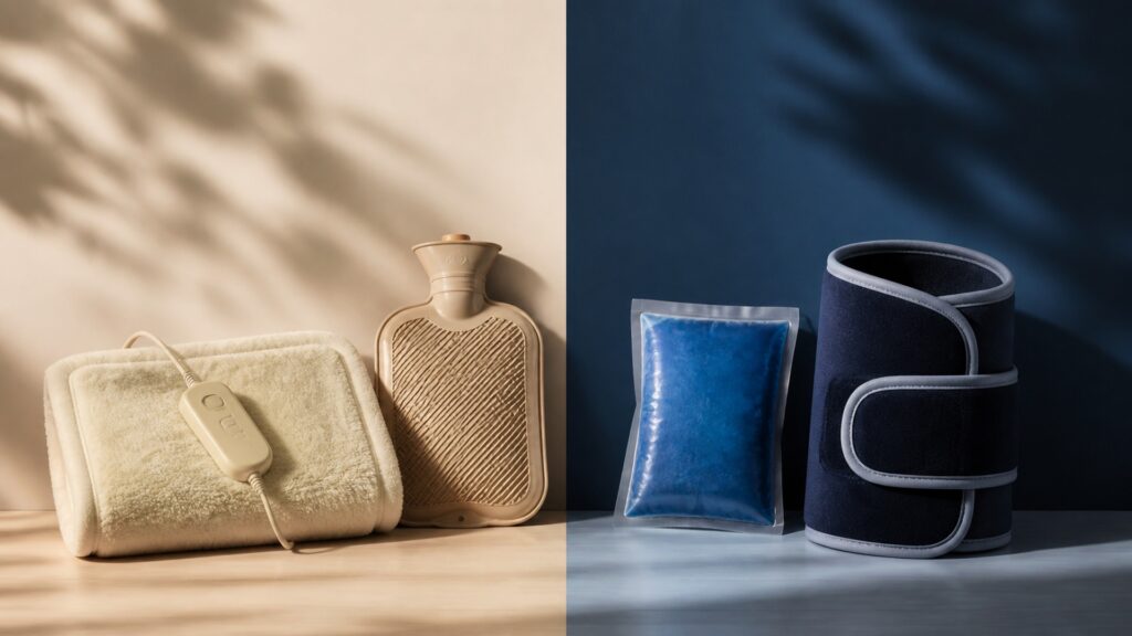 People-free editorial still life illustrating heat therapy instead of cold therapy