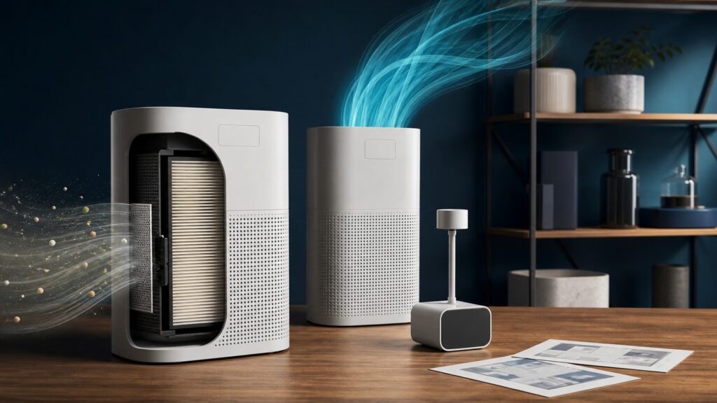 People-free editorial still life illustrating particle filtration and clean-air delivery versus sensing and trend interpretation