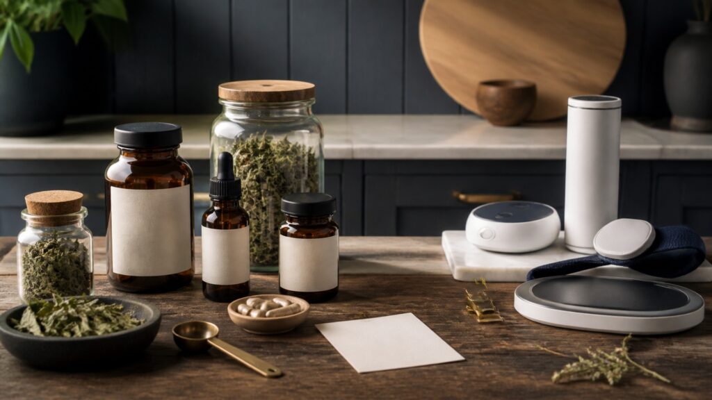 People-free editorial still life illustrating botanical preparation versus physical modality