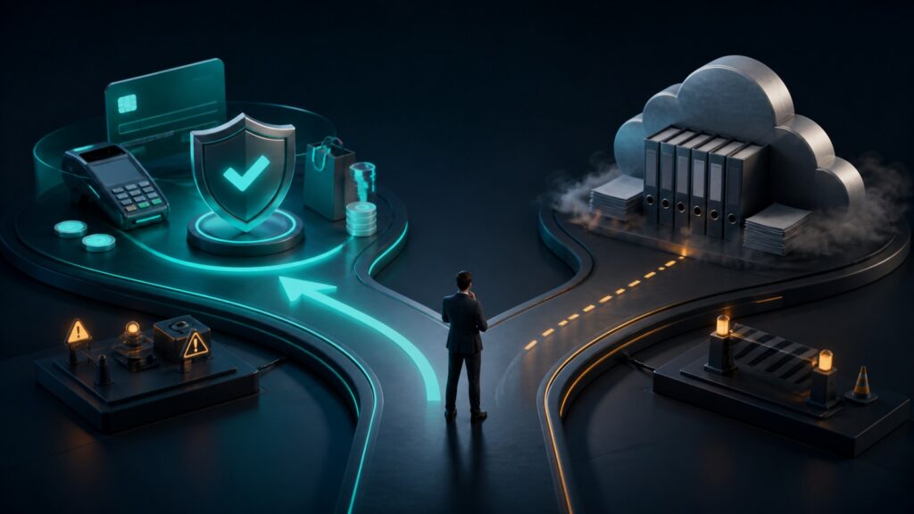 Editorial business scene illustrating high-risk merchant accounts and cloud accounting software