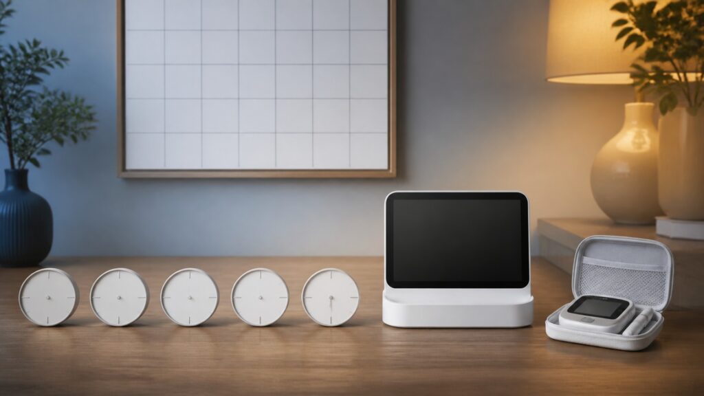 People-free home monitoring station with connected devices contrasted with a simple calendar and occasional-check kit