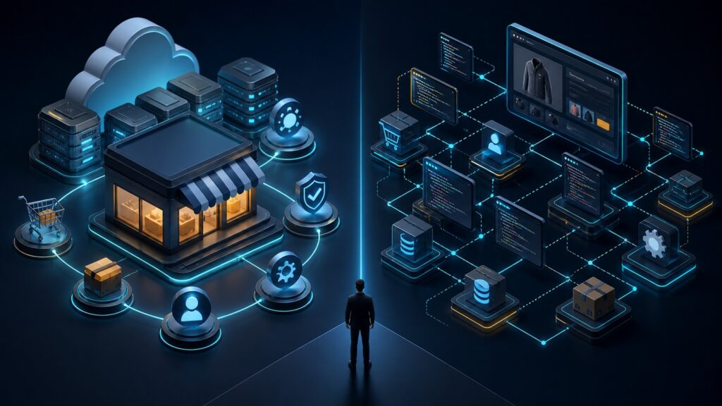 Editorial business scene illustrating hosted ecommerce platforms and headless ecommerce platforms