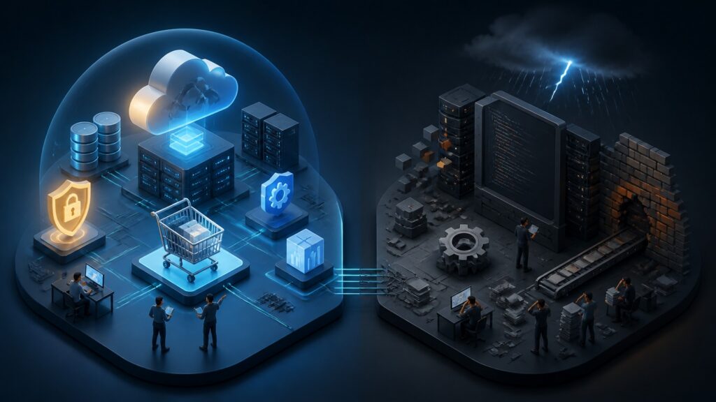 Editorial business scene illustrating hosted ecommerce platforms and open source ecommerce platforms