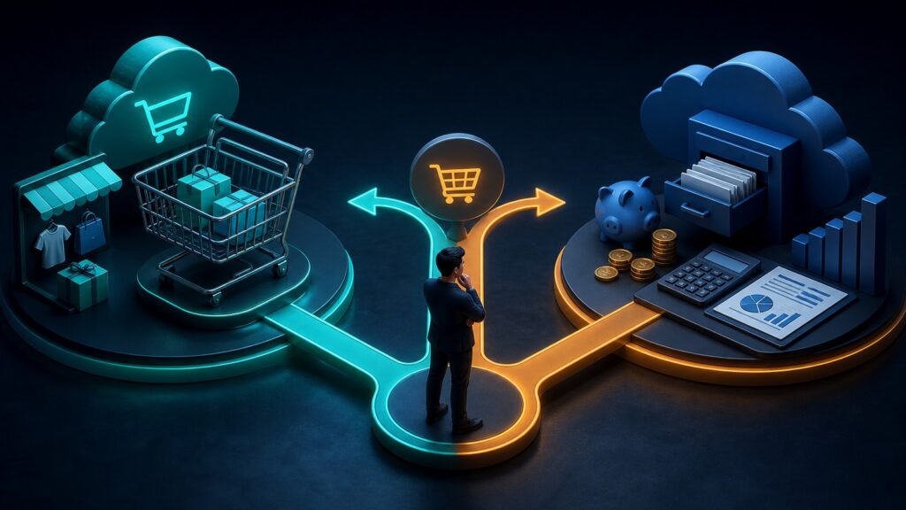 Editorial business scene illustrating hosted shopping cart platforms and cloud accounting software