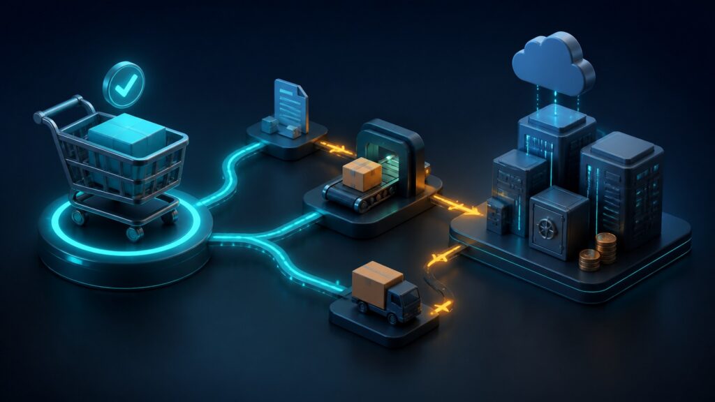 Editorial business scene illustrating hosted shopping cart platforms and enterprise accounting software