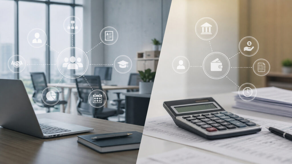 Editorial business scene illustrating hr management systems and payroll software