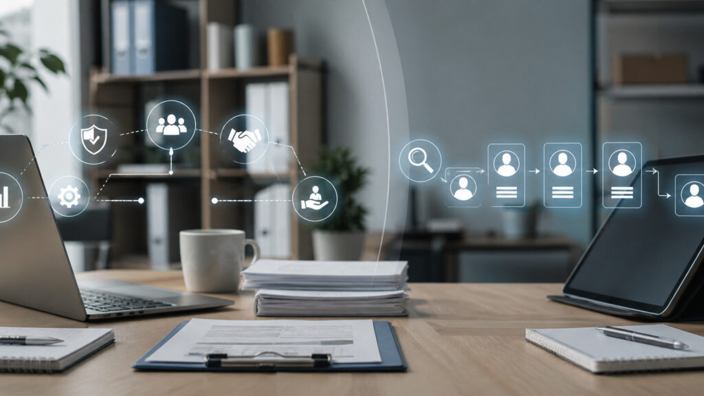Editorial business scene illustrating hr management systems and recruitment software