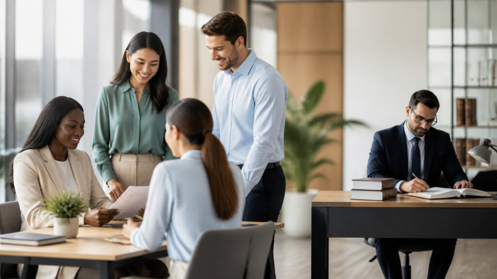 Editorial business scene illustrating hr services and legal services