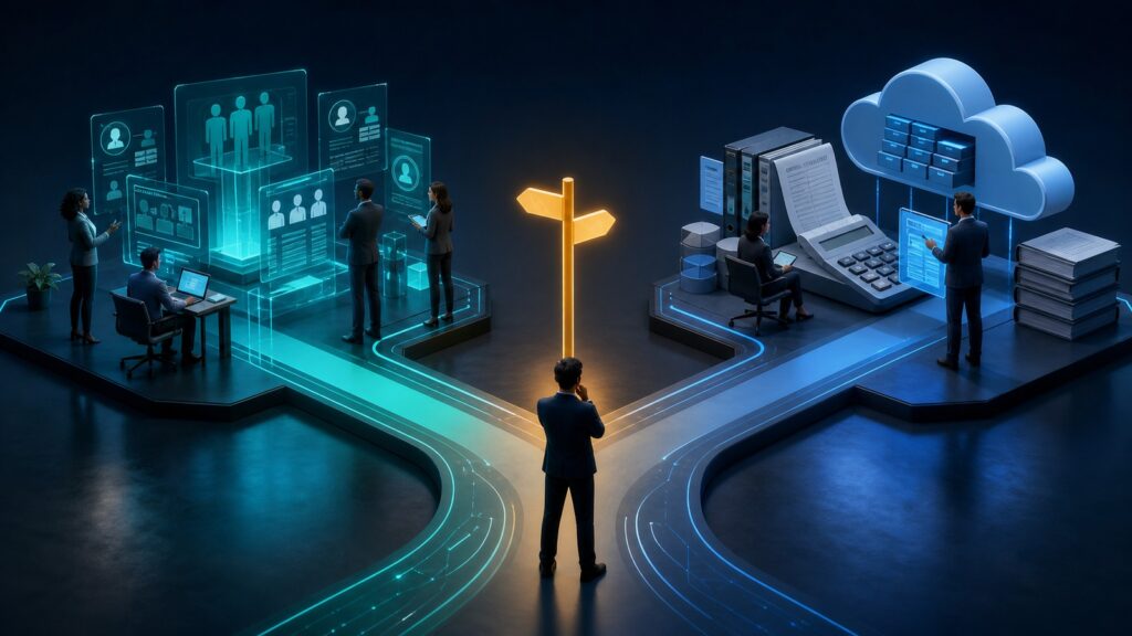 Editorial business scene illustrating human capital management platforms and cloud accounting software