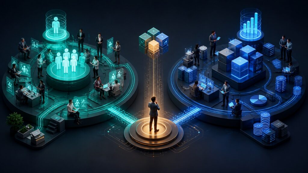 Editorial business scene illustrating human capital management platforms and enterprise accounting software