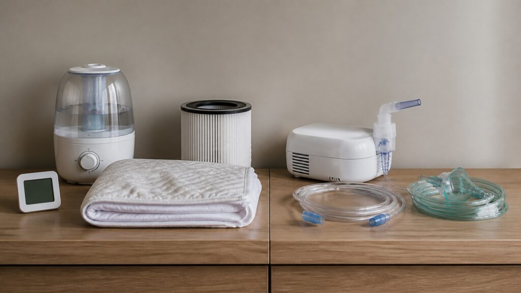 People-free editorial still life illustrating environmental moisture control versus prescribed breathing support