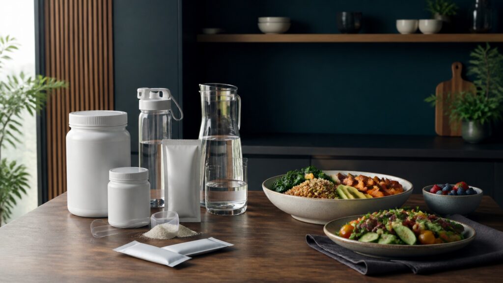 People-free editorial still life illustrating fluid and solute delivery versus meal structure