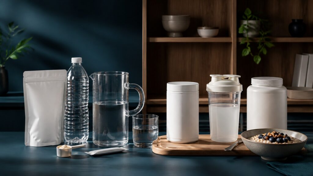 People-free editorial still life illustrating hydration objective versus full meal substitution