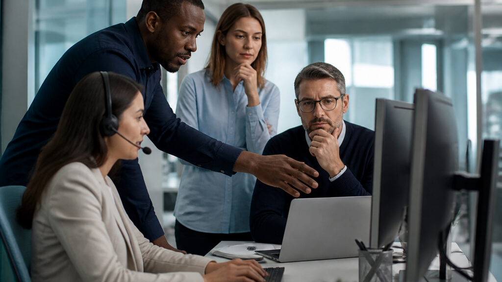 Editorial business scene illustrating inbound call center platforms and enterprise accounting software