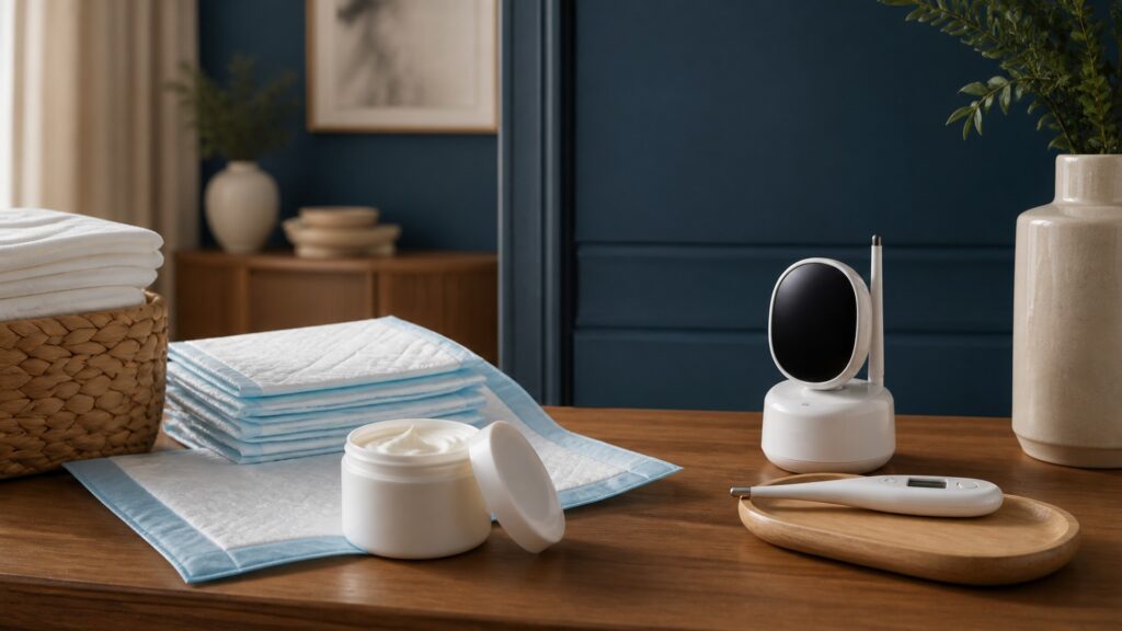 People-free editorial still life illustrating continence care versus infant monitoring
