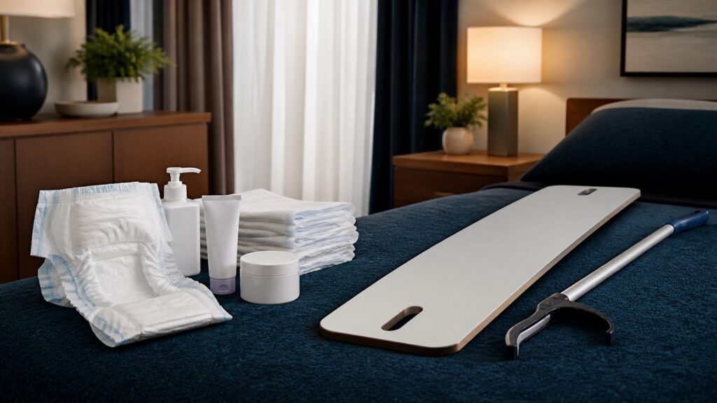 People-free editorial still life illustrating continence workflow versus general task assistance