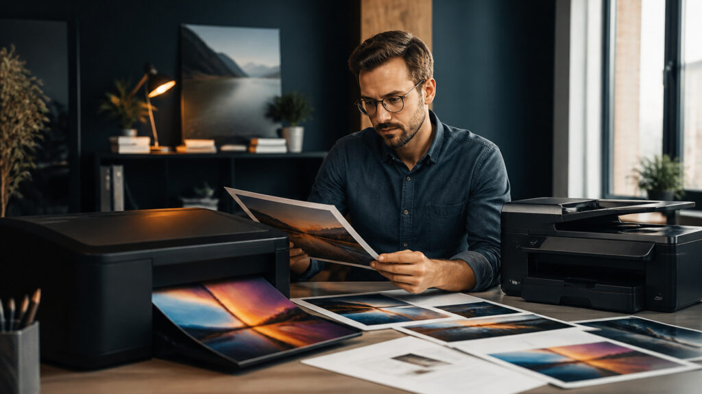 Editorial business scene illustrating inkjet office printers and all-in-one office printers