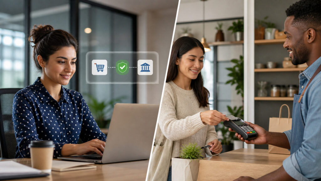 Editorial business scene illustrating integrated payments and standalone payment systems