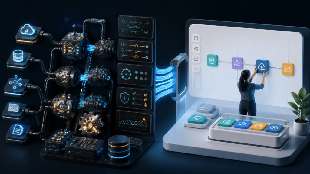 Editorial business scene illustrating integration automation software and no-code automation platforms