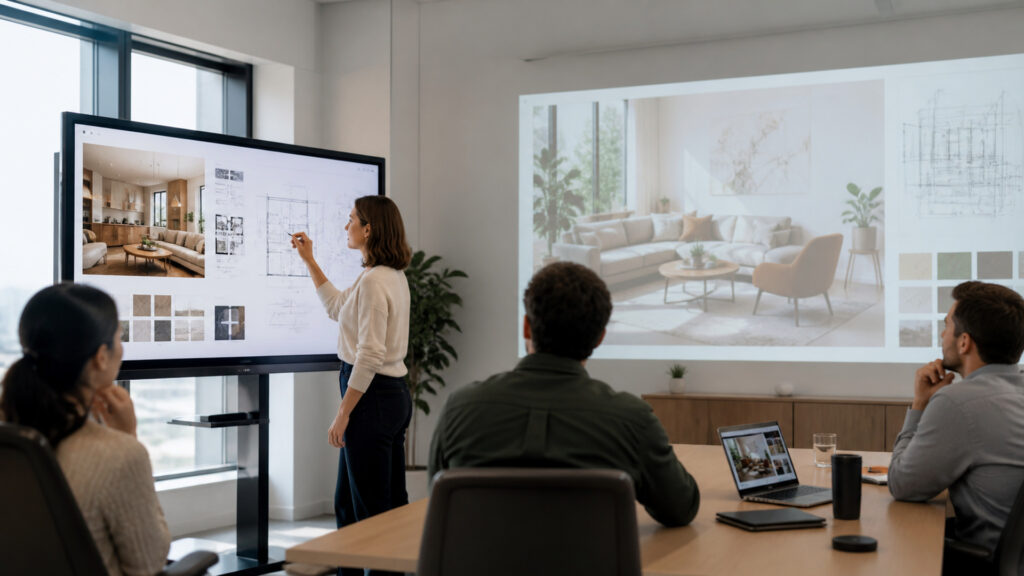 Editorial business scene illustrating interactive displays and projectors