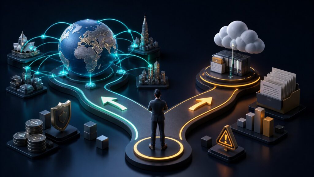 Editorial business scene illustrating international merchant accounts and cloud accounting software
