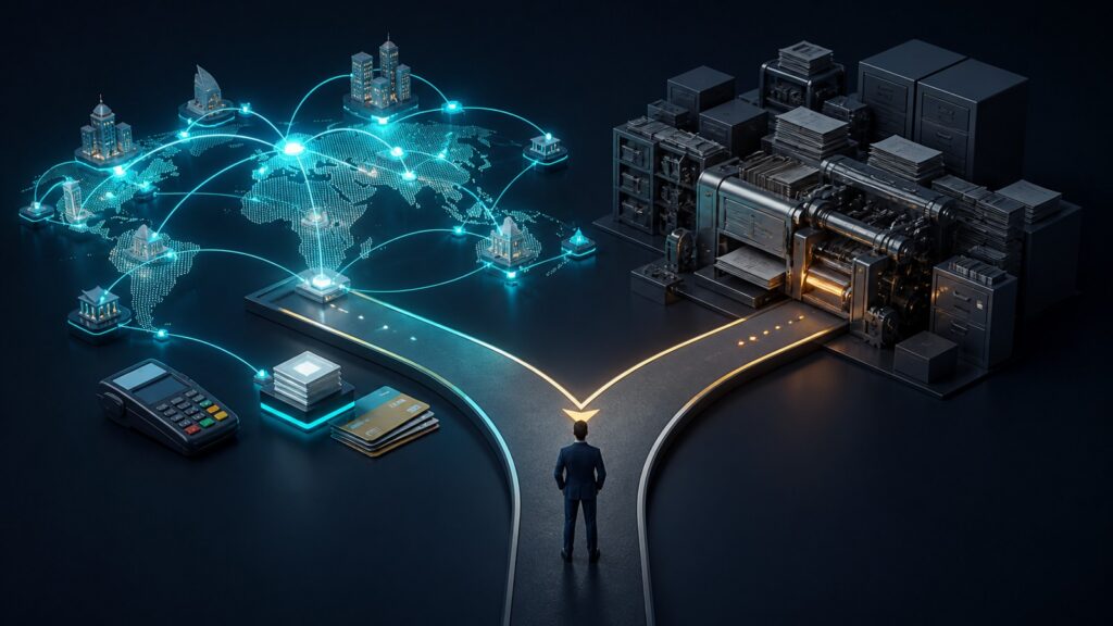 Editorial business scene illustrating international merchant accounts and enterprise accounting software