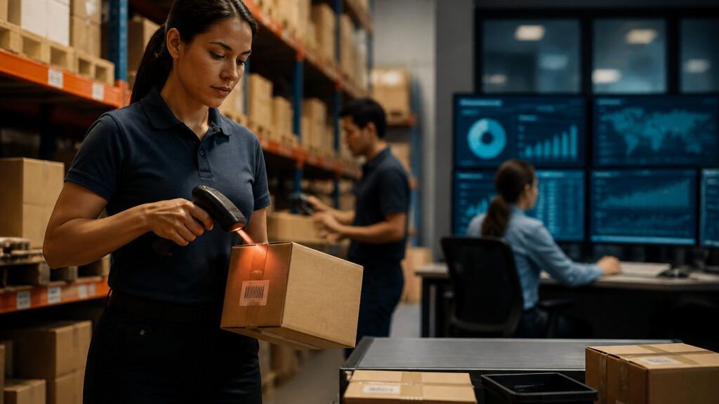 Editorial business scene illustrating inventory barcode systems and enterprise accounting software