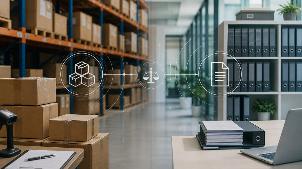 Editorial business scene illustrating inventory management software and document management software