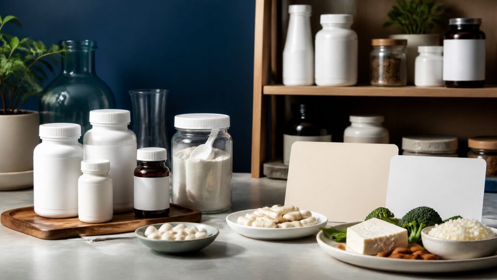 People-free editorial still life illustrating bone or joint endpoints versus broad nutrient-gap coverage