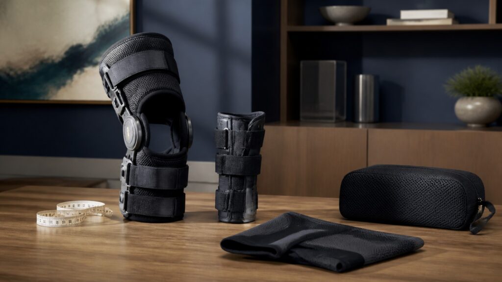 People-free editorial still life illustrating hinged motion control versus pressure-only garment