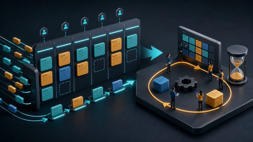 Editorial business scene illustrating kanban project management software and agile project management software