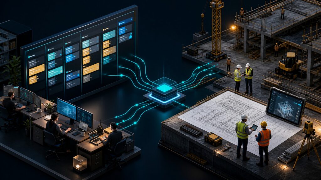 Editorial business scene illustrating kanban project management software and construction project management software