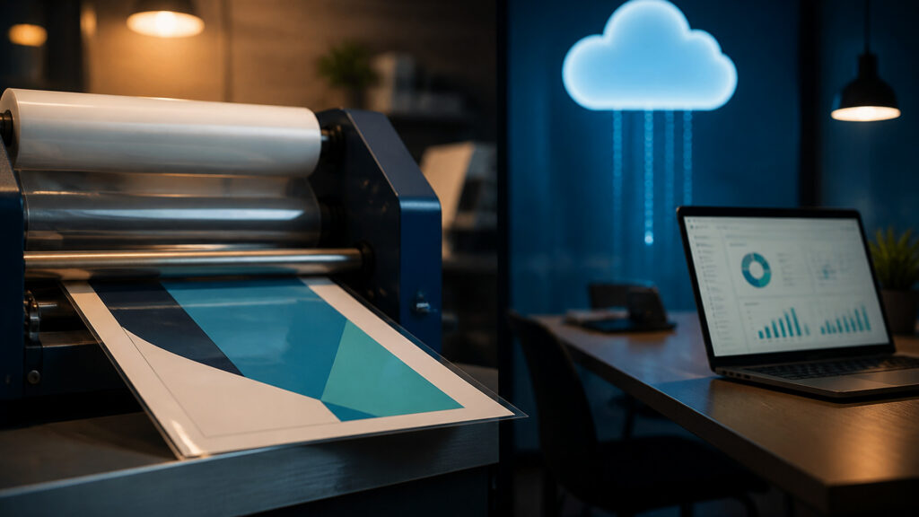 Editorial business scene illustrating laminating machines and cloud accounting software