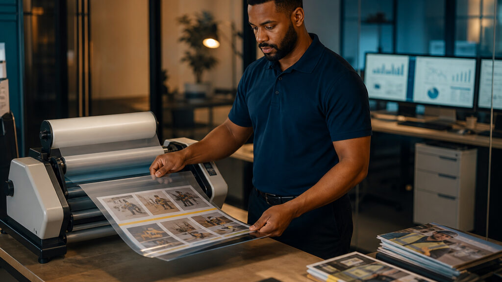 Editorial business scene illustrating laminating machines and enterprise accounting software
