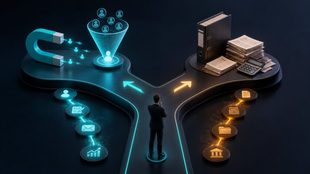 Editorial business scene illustrating lead capture software and cloud accounting software