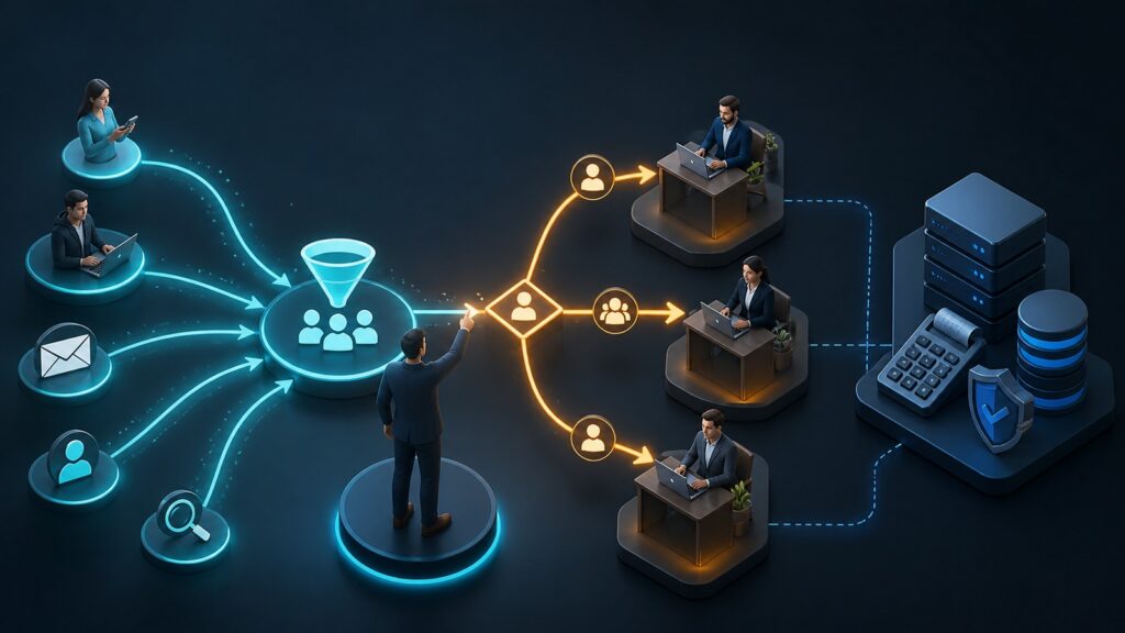 Editorial business scene illustrating lead capture software and enterprise accounting software