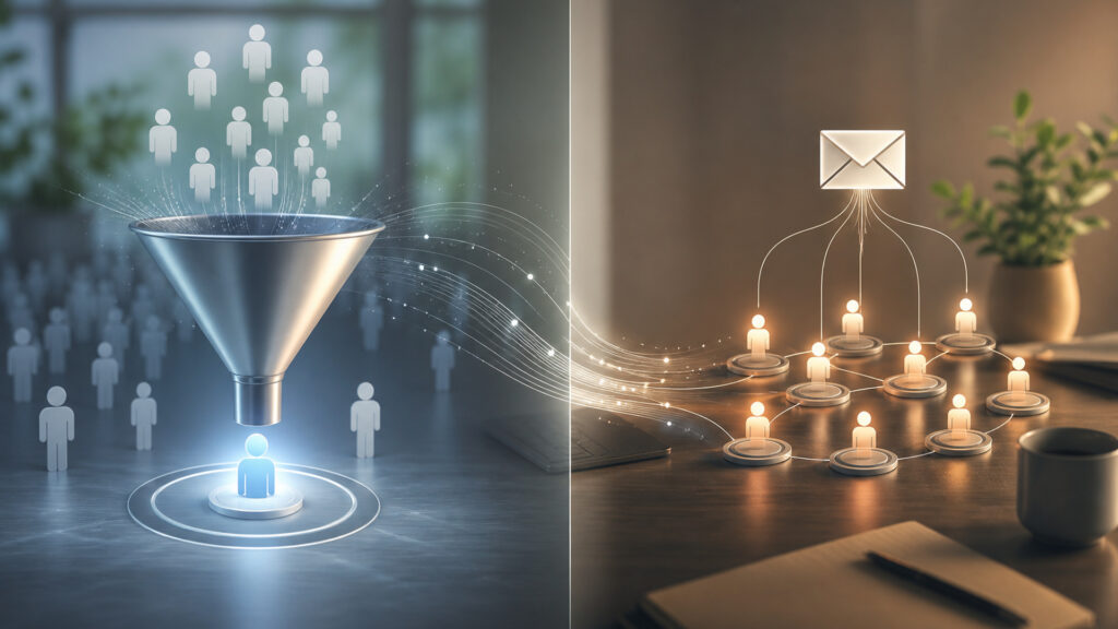 Editorial business scene illustrating lead generation software and email marketing software