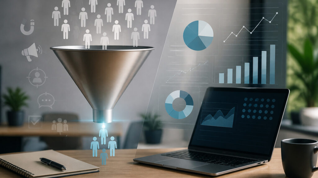Editorial business scene illustrating lead generation software and marketing analytics platforms