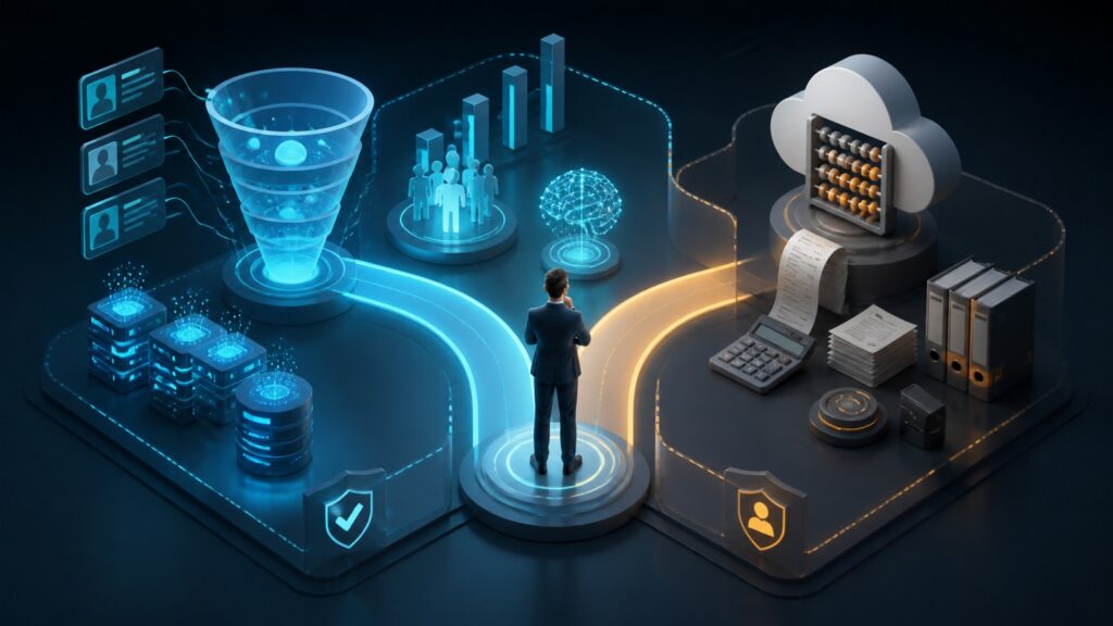 Editorial business scene illustrating lead intelligence platforms and cloud accounting software