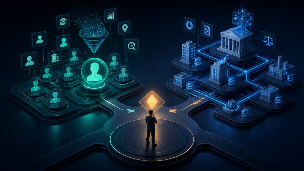 Editorial business scene illustrating lead intelligence platforms and enterprise accounting software
